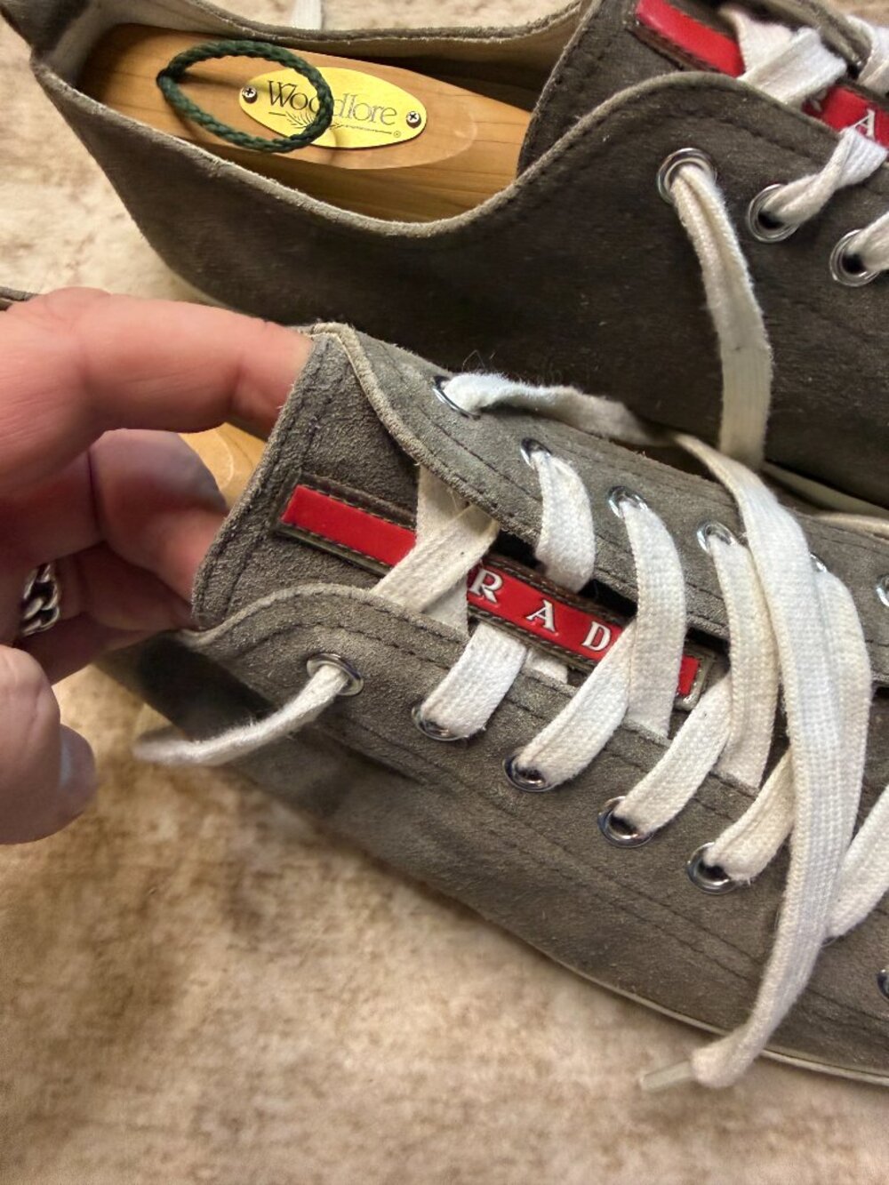 Prada Gray Suede Sneakers Red Logo Stripe Made Italy Men's US 12